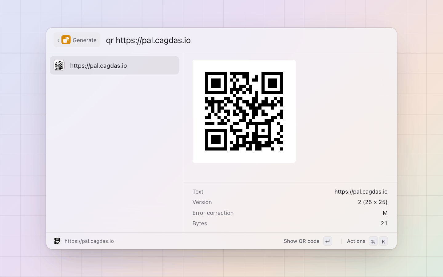 Generate: qr of a link: the code on the row and large in the detail pane