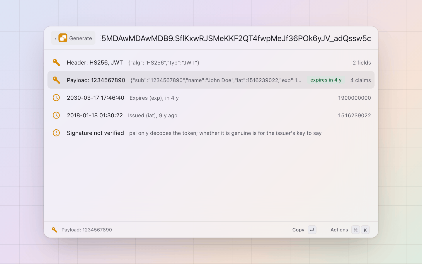 Generate: jwt: the header, the payload with its expiry, the times, and a reminder that nothing is verified