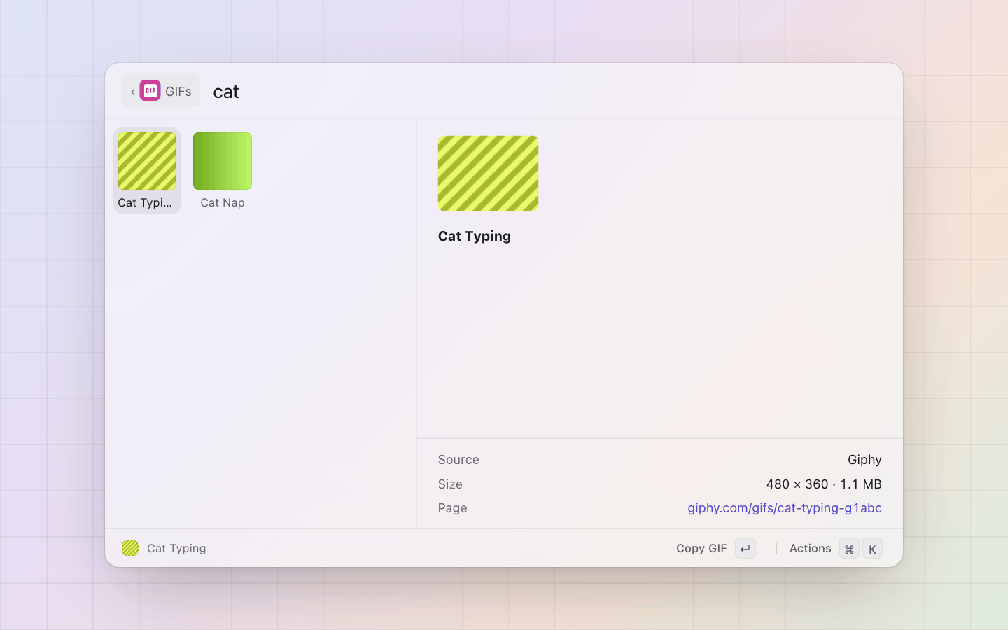 GIFs: Typing cat: the matches, and the detail pane with the preview, its size and its page