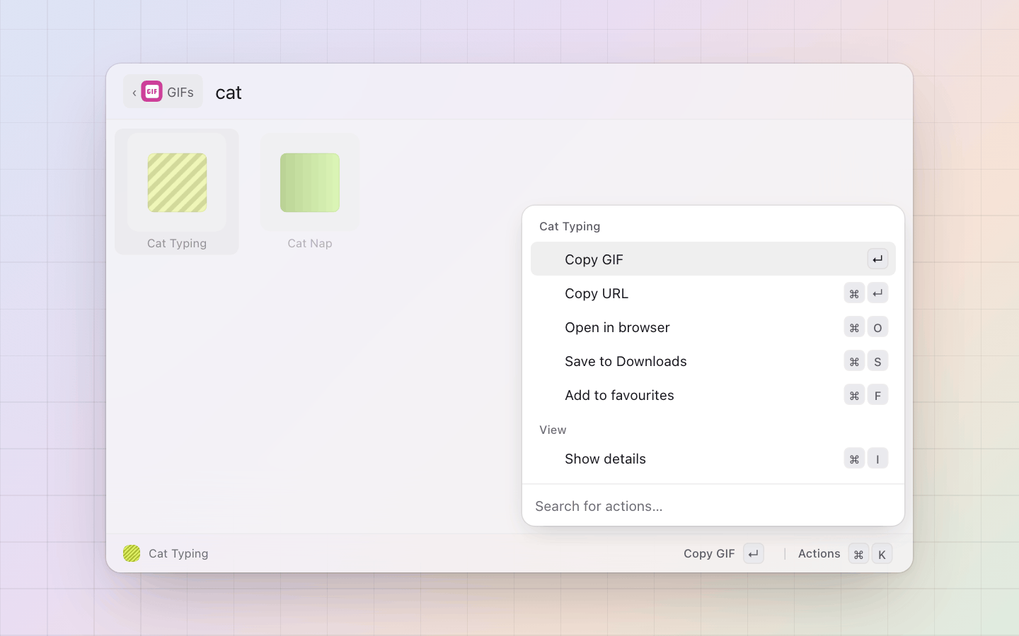 GIFs: What a GIF can do: copy the file, copy the url, open, save, favourite
