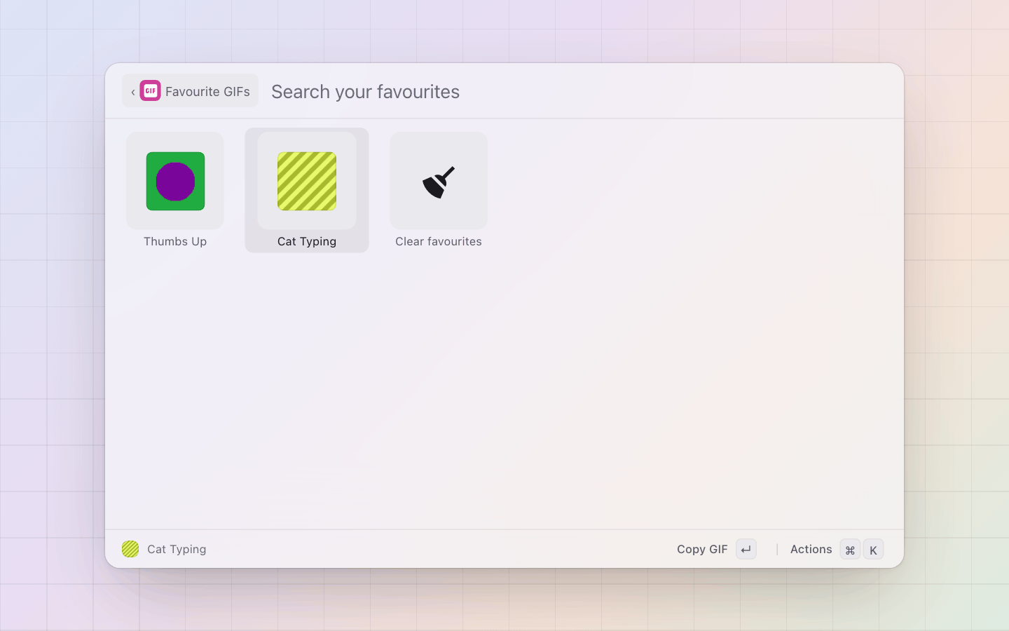 GIFs: Favourite GIFs: the ones cmd+f kept, and a tile to clear them