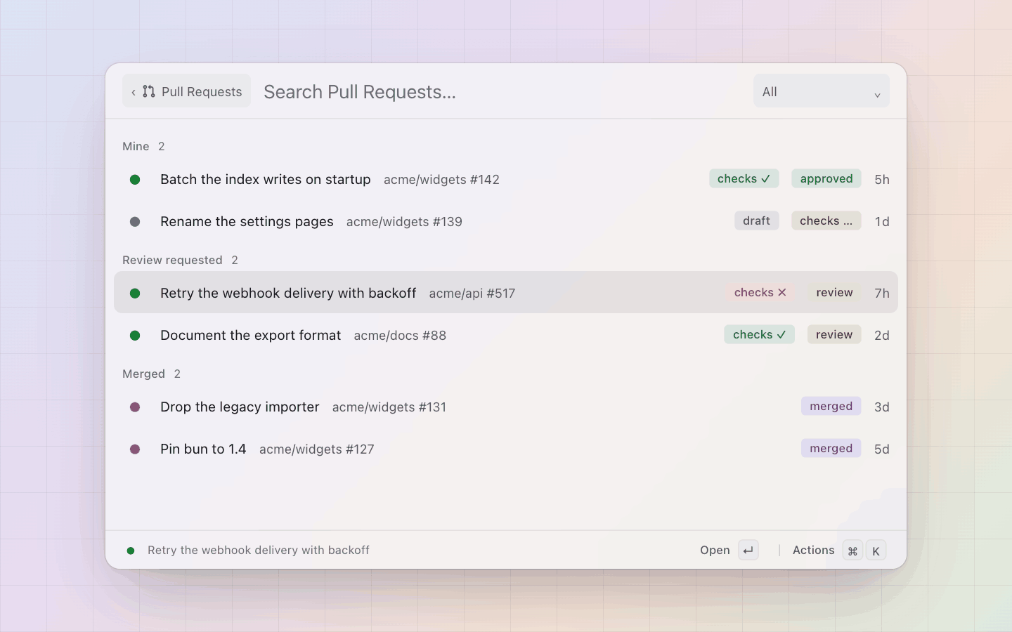GitHub: Pull Requests: Mine, Review requested and Merged, with the checks and the review decision on each row