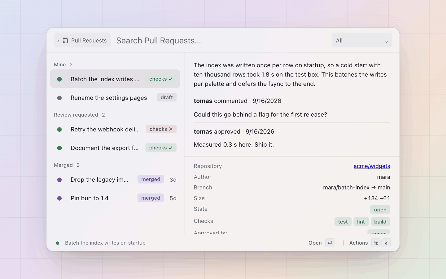 GitHub: The pane a pull request opens with: the body, the latest comments and reviews, every check by name