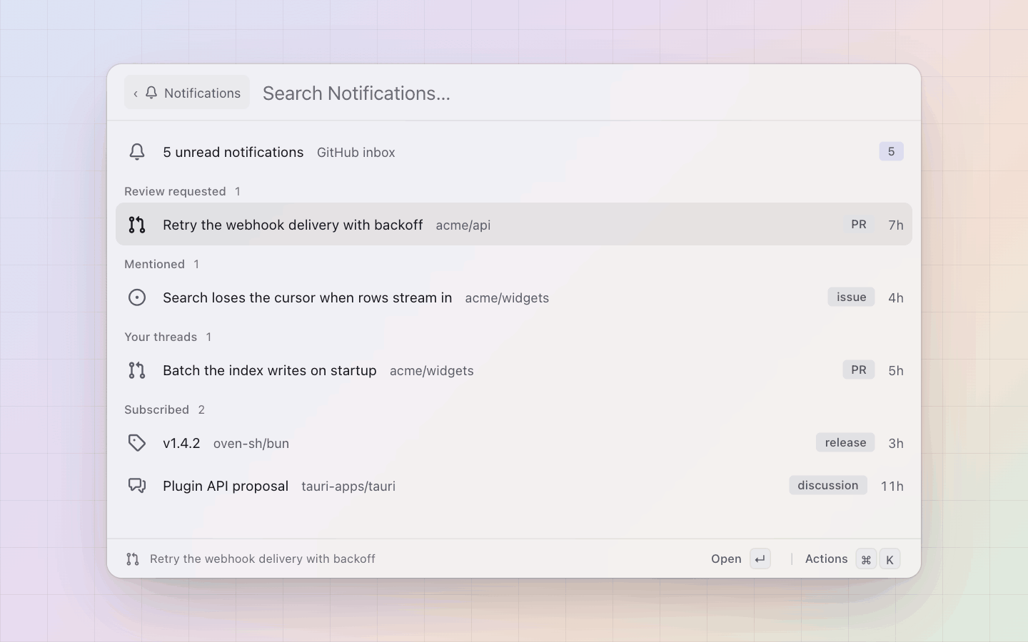 GitHub: Notifications by reason, newest first; the first row is the unread count