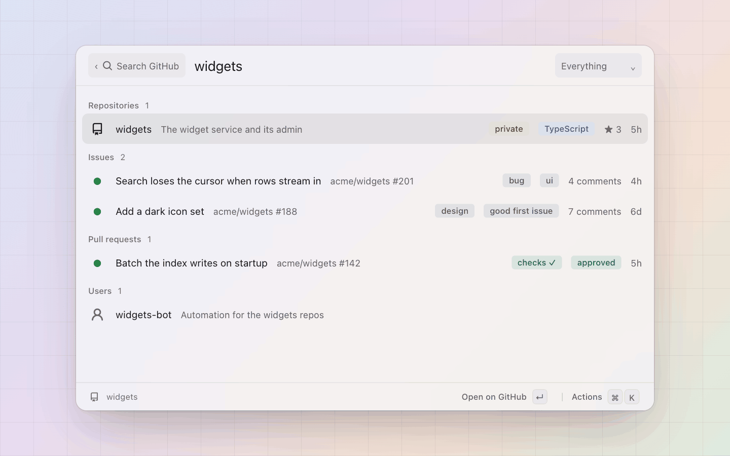 GitHub: Search GitHub: repositories, issues, pull requests and users for one query