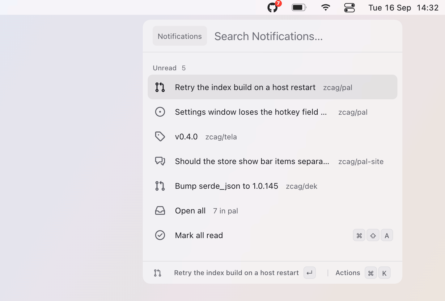 GitHub: A click opens the popover: the newest five unread, Open all, Mark all read