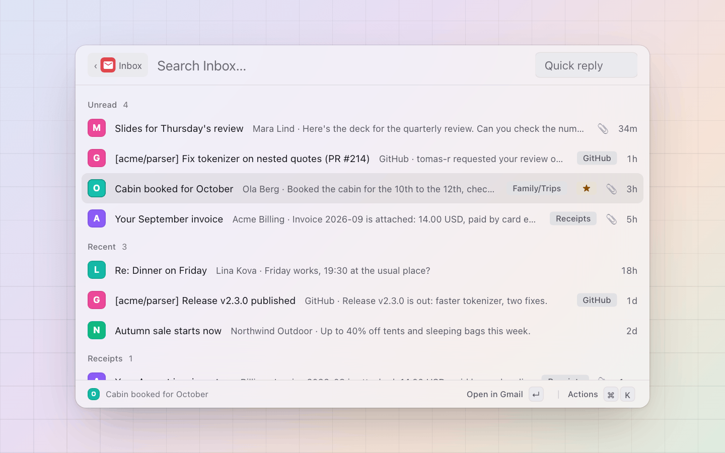Gmail: Inbox: unread first, the sender, the subject and the snippet, a star or a paperclip, the time