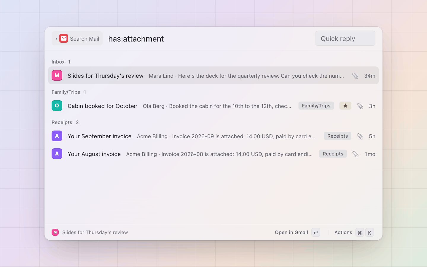 Gmail: Search Mail: Gmail's own syntax typed into the panel, the hits sectioned by label