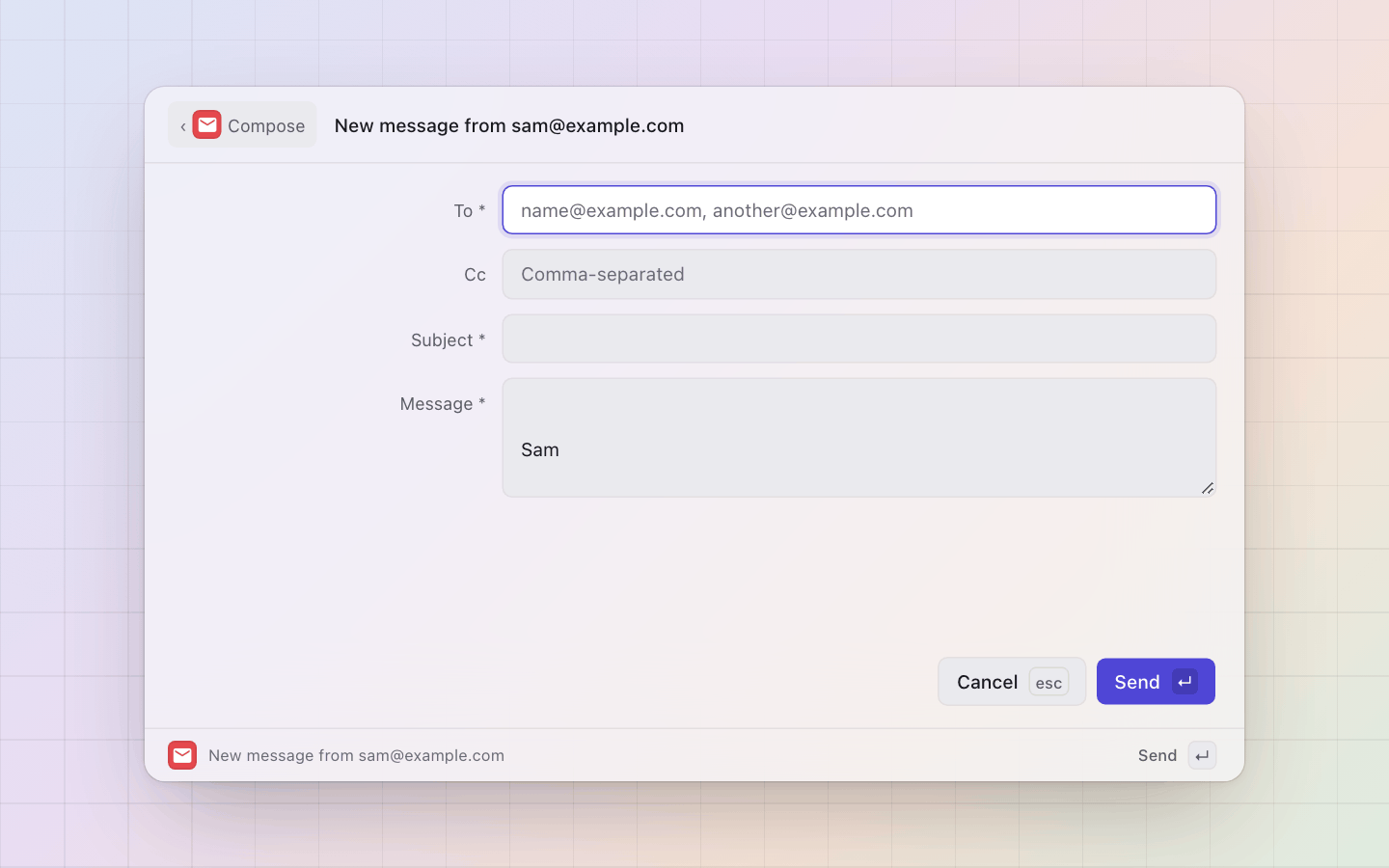 Gmail: Compose: to, cc, subject and body, the signature already under it; only with send on