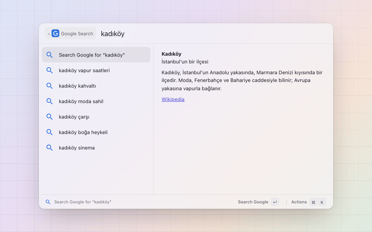Google Search: kadıköy typed: Google's suggestions, the district's Wikipedia card in the pane