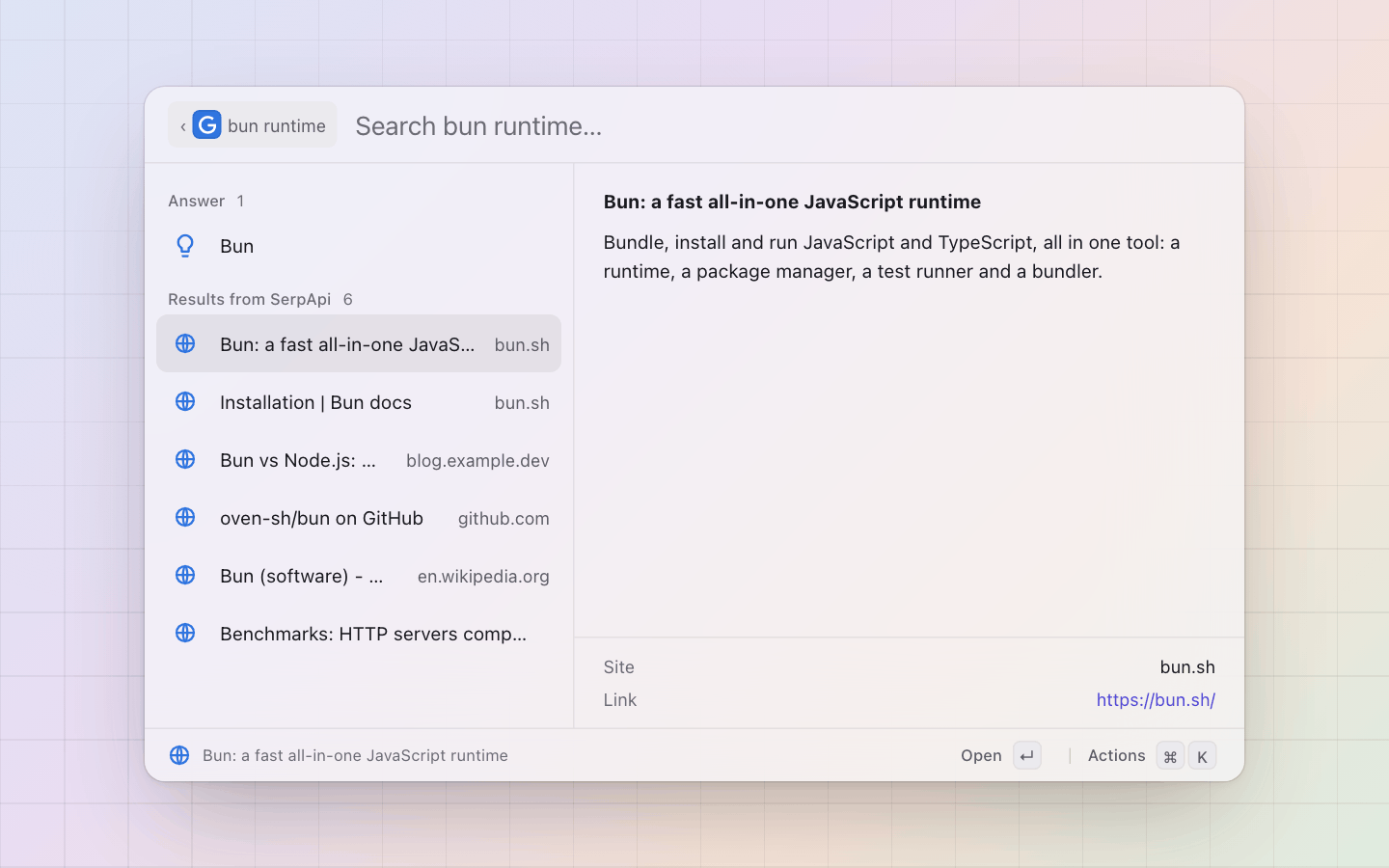 Google Search: cmd+Enter: the answer and the results as rows, each with its site
