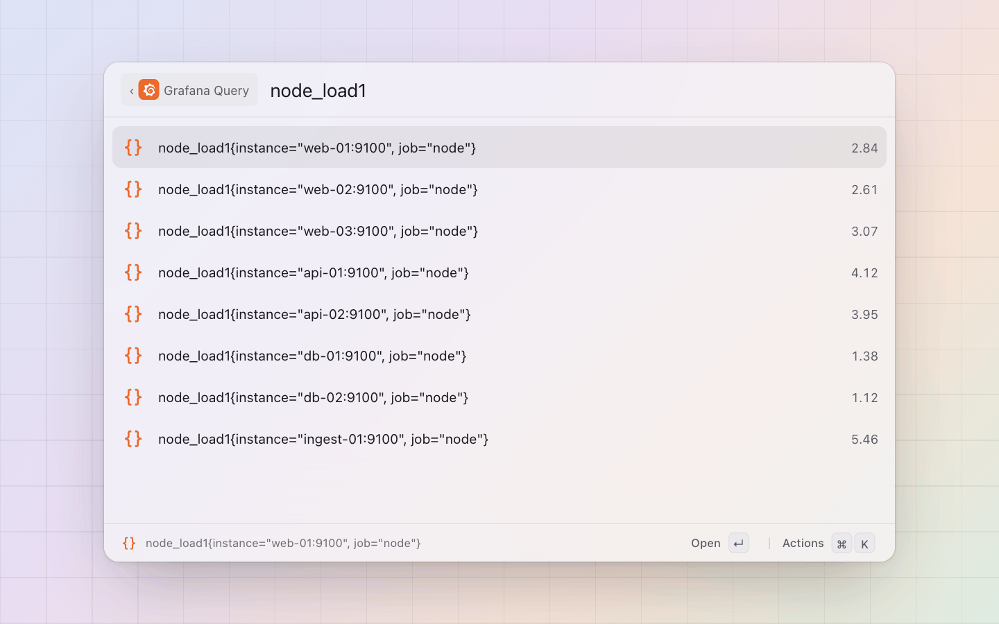 Grafana: A PromQL prompt: one row per series with its value; Enter copies it, ⌘O opens Explore