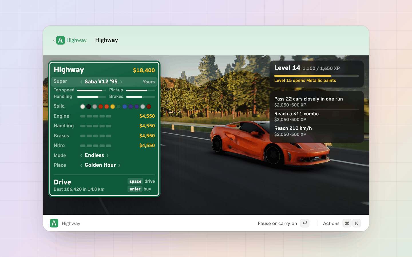 Highway: The garage: choose, paint and upgrade your car, pick the mode and place; your level, the next unlock and three missions beside it