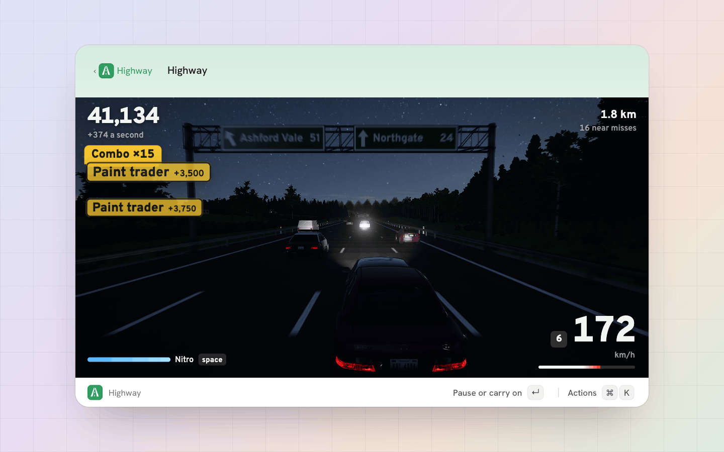 Highway: A night run: headlights on the road, tail lamps ahead, brake lights when a driver slows