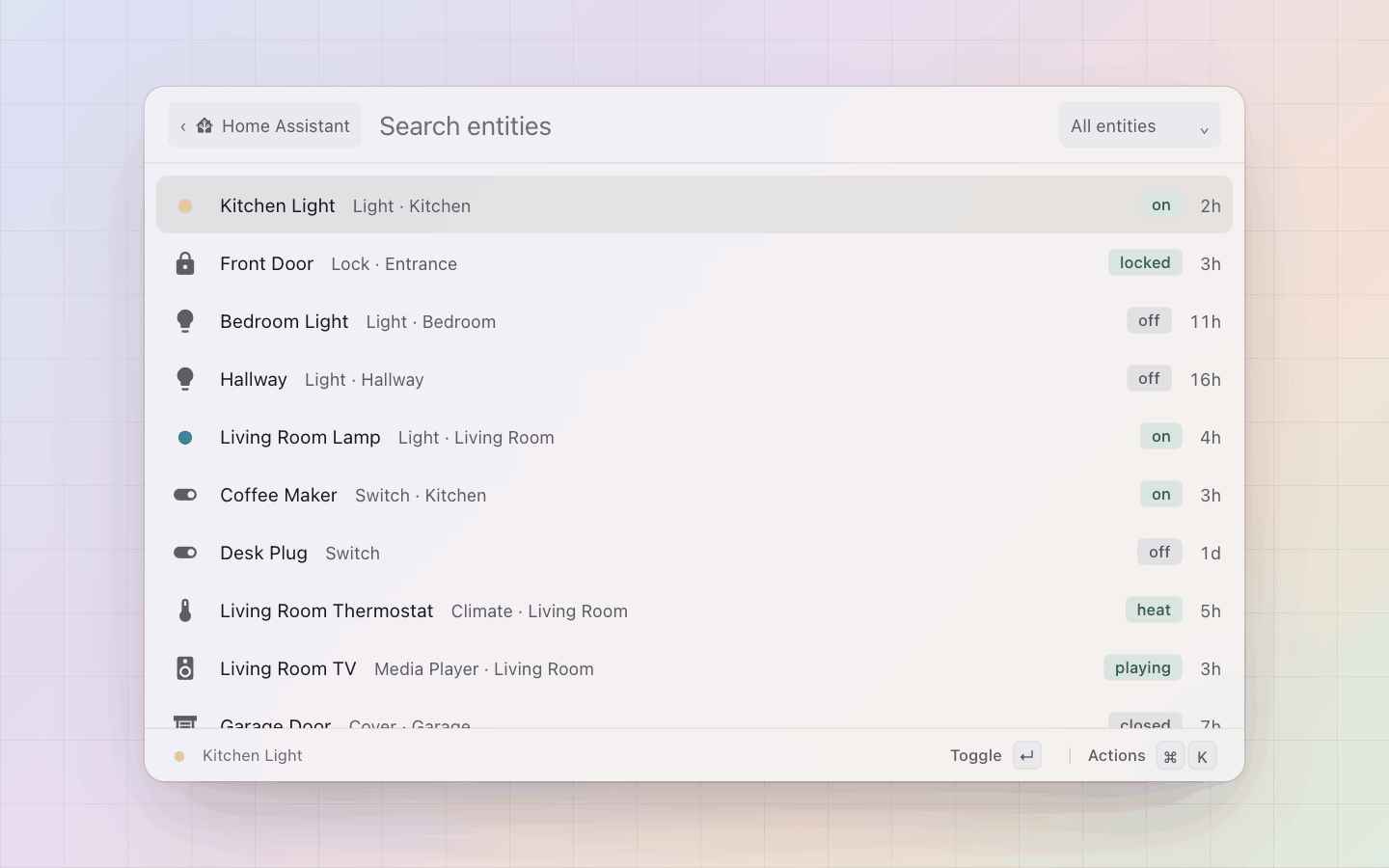 Home Assistant: Entities with their state and when it last changed, favourites first