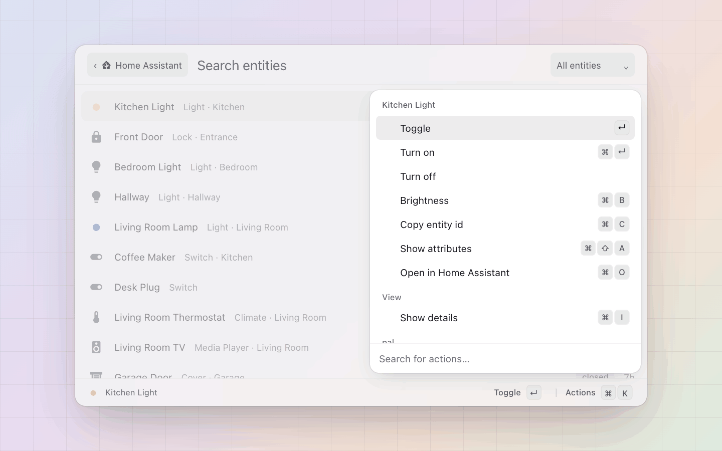 Home Assistant: What a light can do: toggle, on, off, brightness, and the rows every entity has