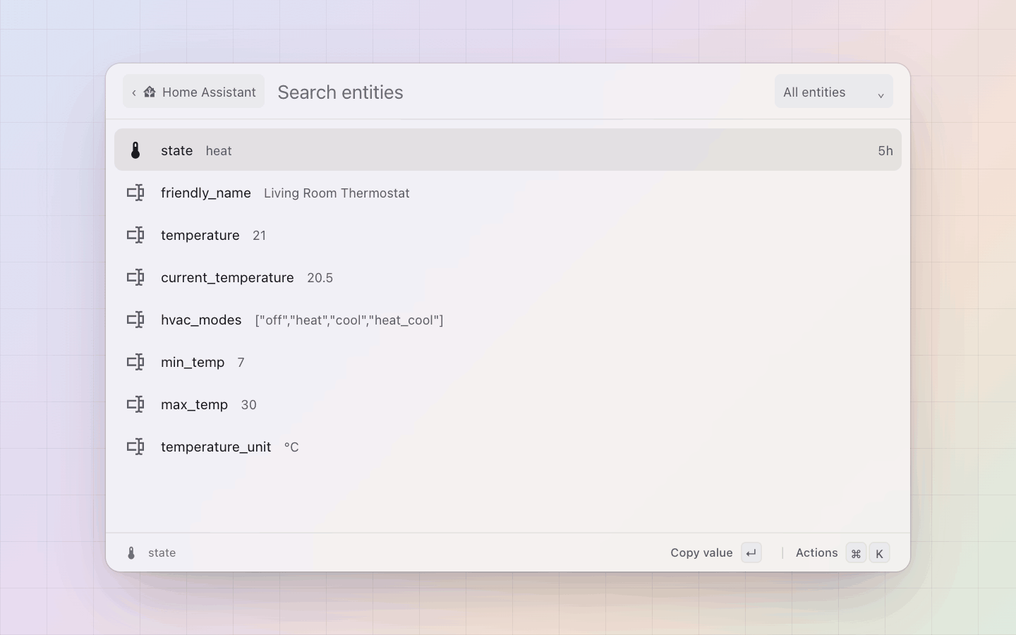 Home Assistant: The detail pane: the entity, its state and its attributes