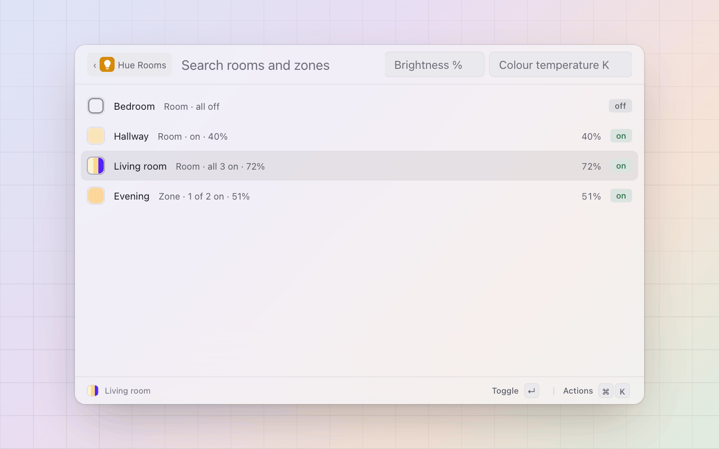 Hue: Rooms and zones with their colour, how many lights are on and the brightness; Enter toggles, cmd+Enter opens the room