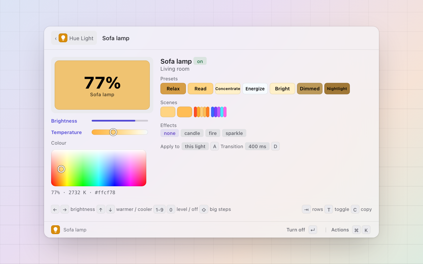 Hue: A light under the keys: the tile in its colour, brightness, the temperature strip, the colour plane, presets, scenes and effects