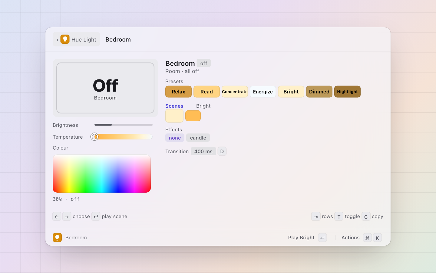 Hue: A room under the keys, its scenes row focused: the arrows choose, Enter plays