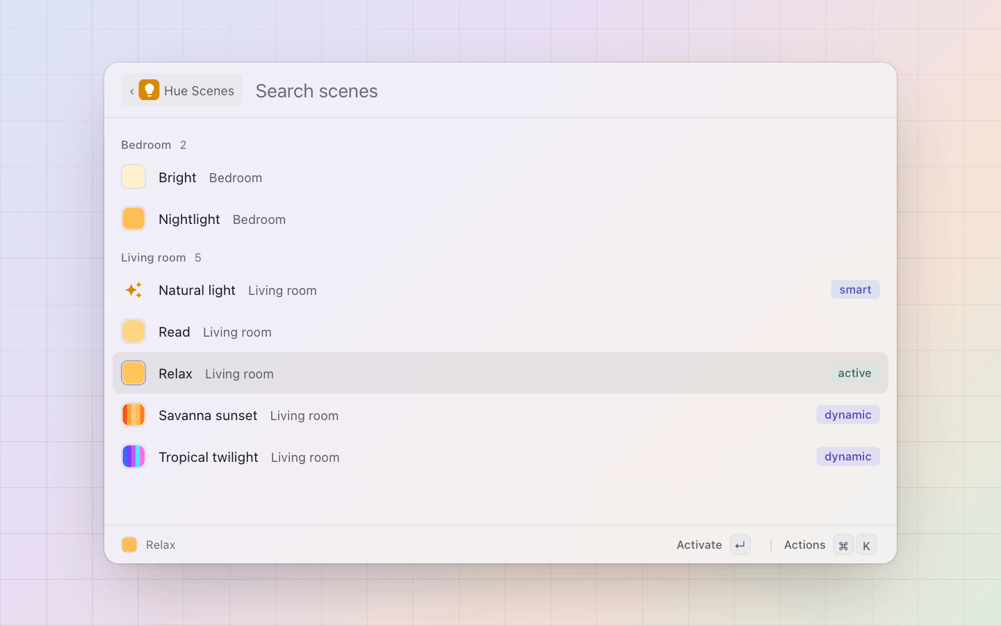 Hue: Scenes by room as five-swatch strips, the active and dynamic ones tagged
