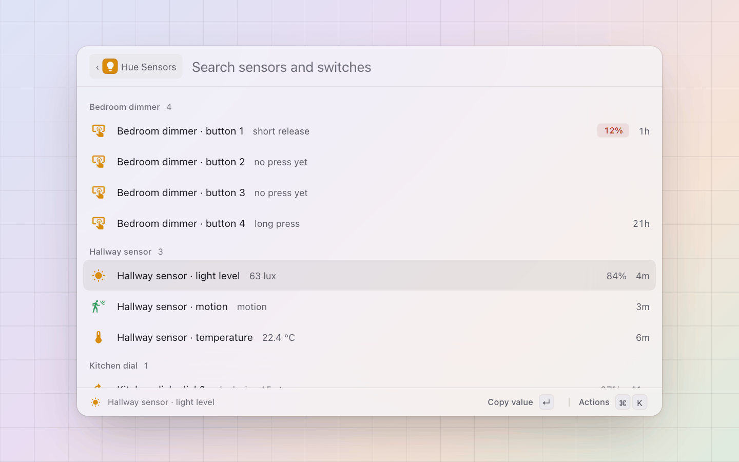 Hue: Sensors and switches by device: motion, temperature, light level, the last button press, batteries