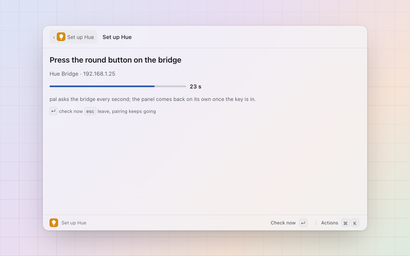 Hue: Set up Hue waiting for the button, with the countdown