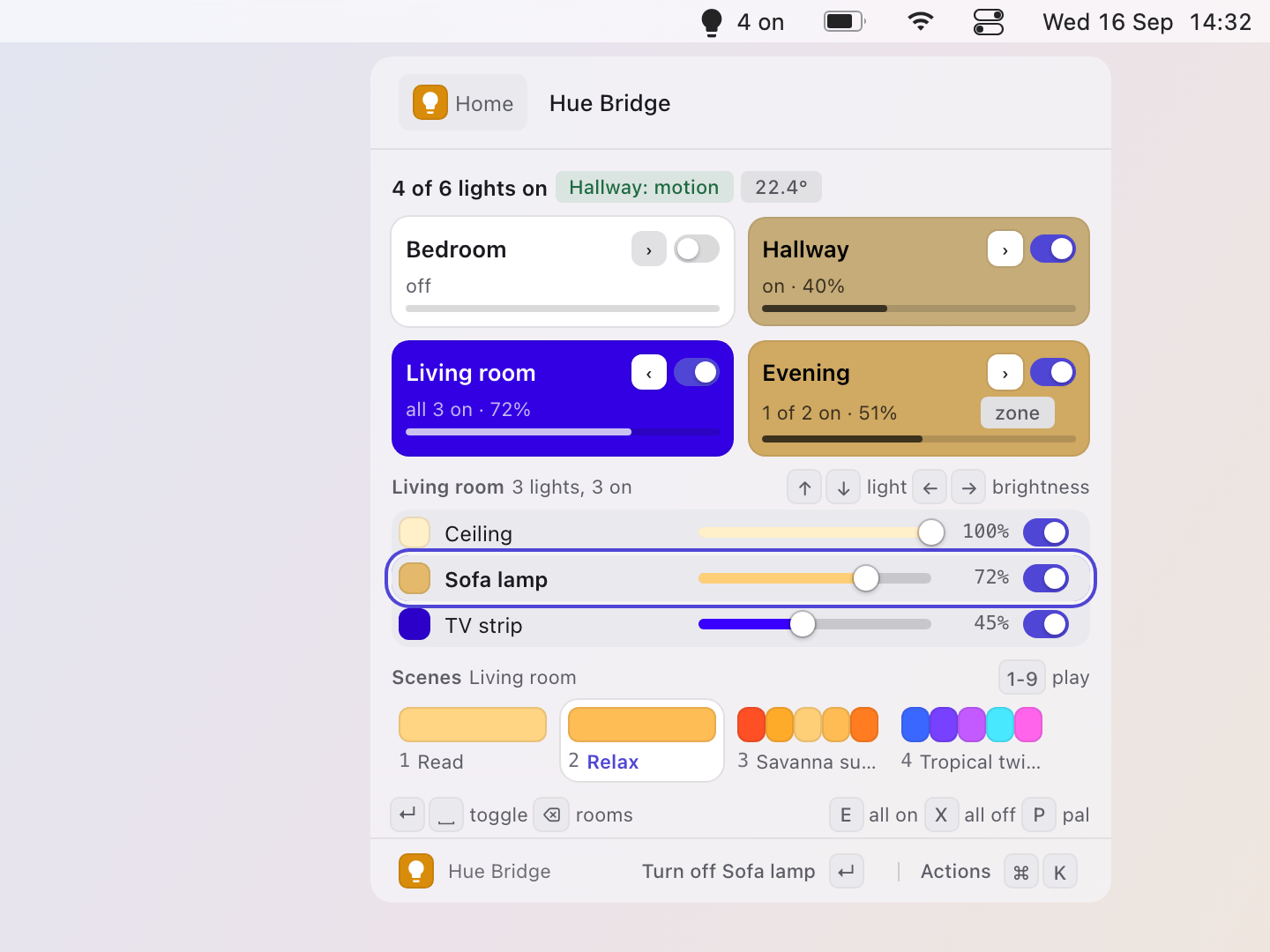 Hue: The living room opened: its lights inline, each with a brightness slider and a switch; the arrows walk them