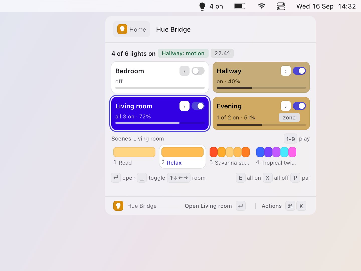 Hue: A click opens the popover: the rooms as tiles in their colour (the switch toggles, the chevron opens), the motion and temperature, the main room's scenes, the keys