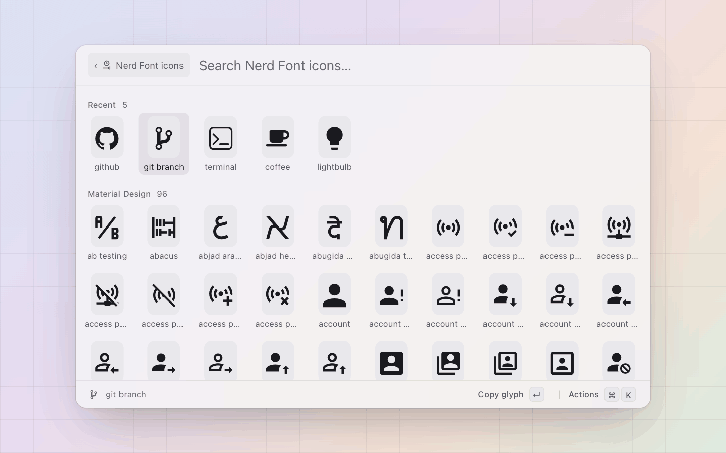 Icons: The Nerd Font grid, Recent first, then the sets in order