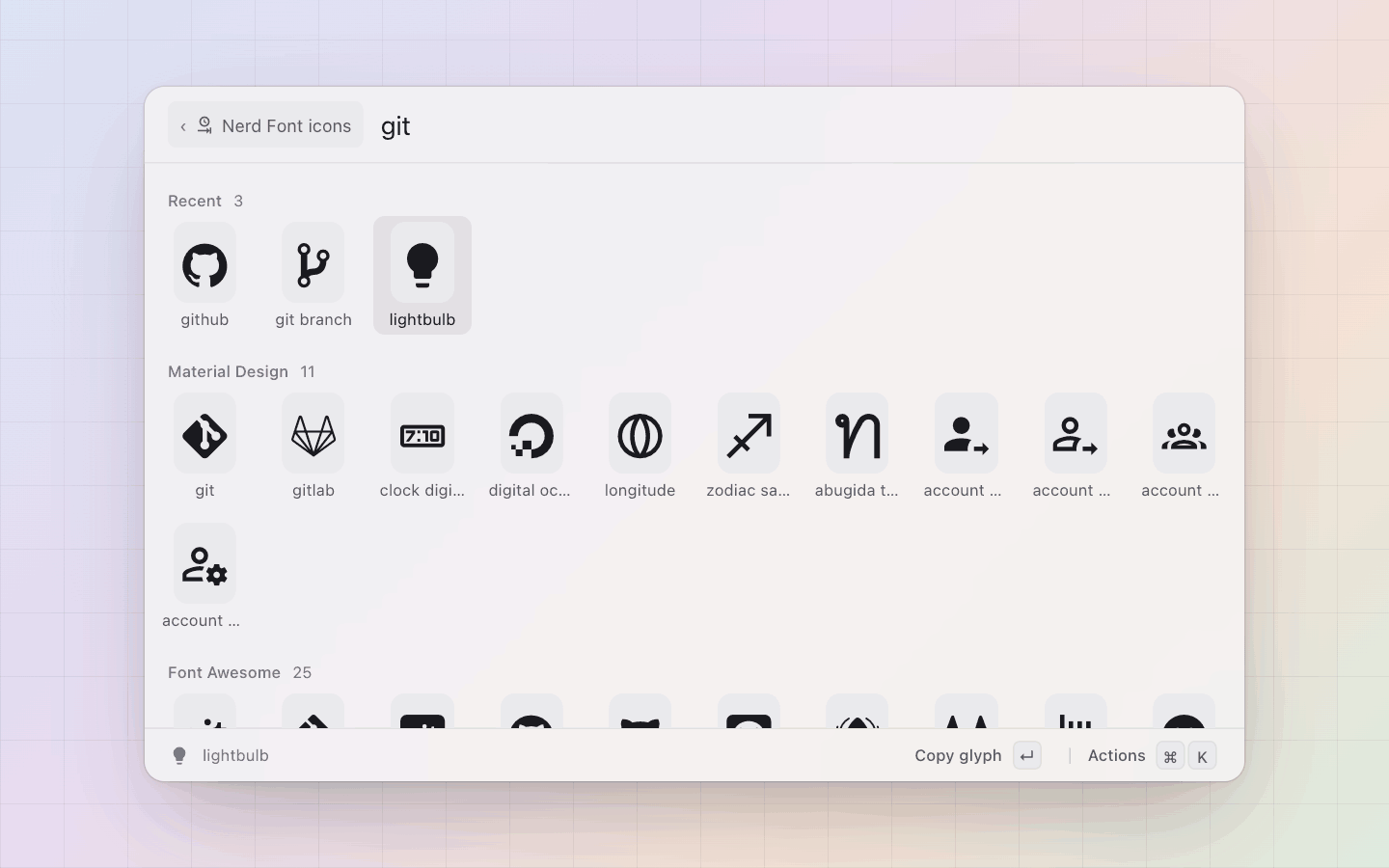 Icons: Searching `git` across every set: Octicons, Devicons, Material Design and the rest