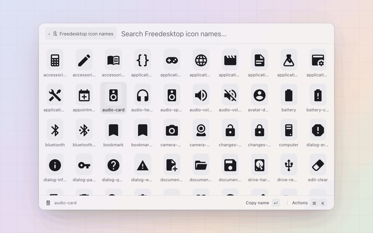 Icons: The freedesktop icon names the SDK's xdg() maps to a glyph