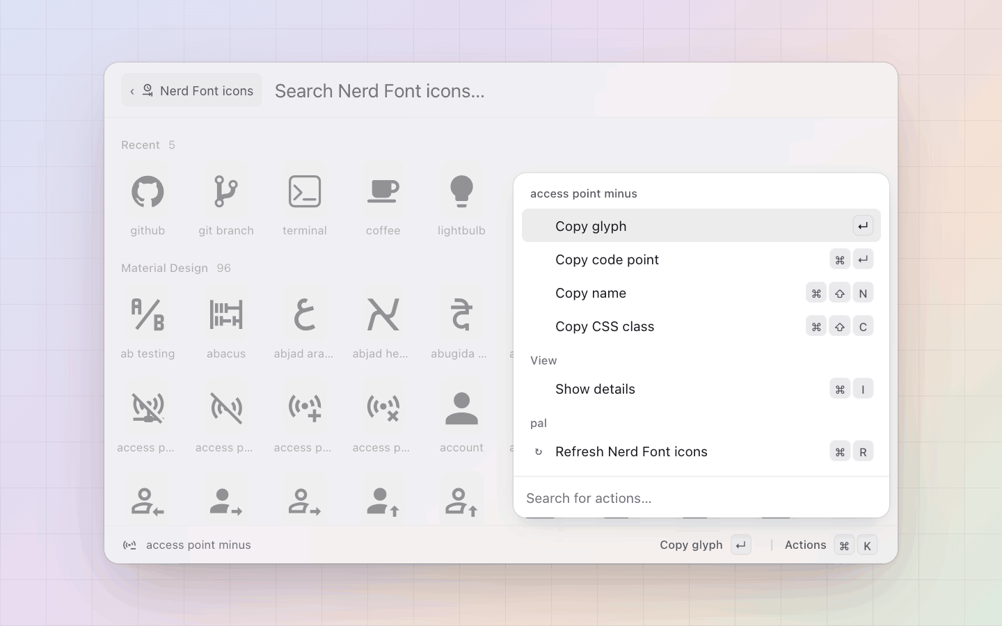 Icons: Copy the glyph, its code point, its nf- name or the CSS class