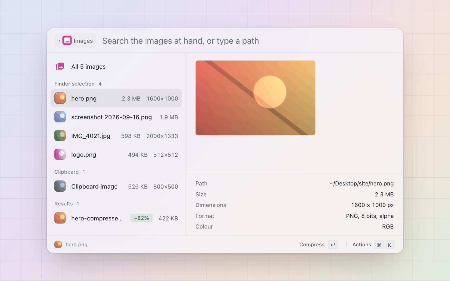Images: The images at hand: the Finder selection and the clipboard, each with its size and dimensions, the result of a compression under Results
