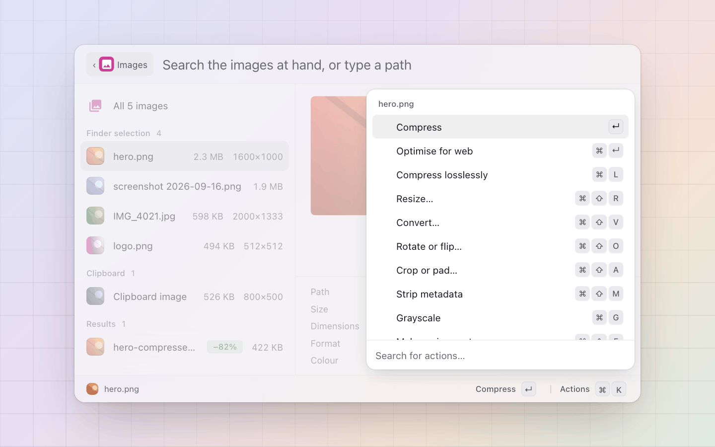 Images: Every operation on a row: compress, optimise for web, resize, convert, rotate, crop, strip, grayscale, icon set, OCR, info