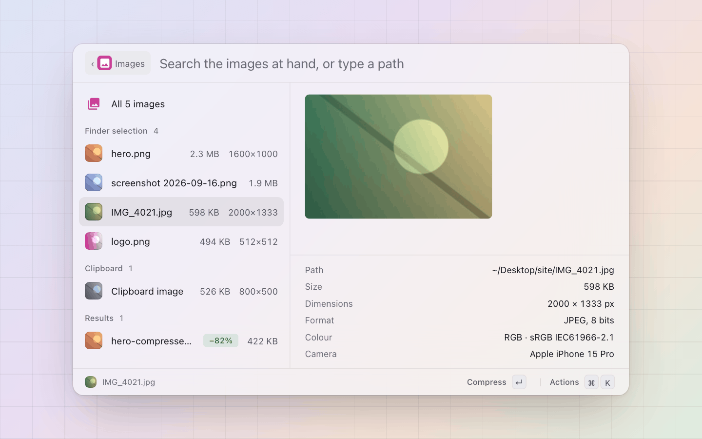 Images: The detail pane: the picture, its size, dimensions, format, colour profile and camera
