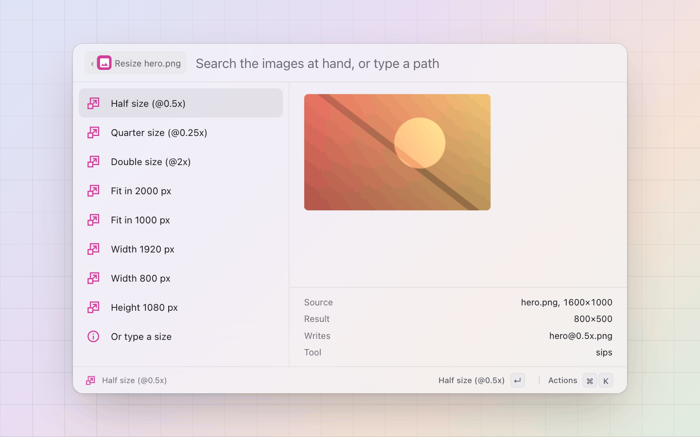 Images: Resize: the presets and a typed size, each row saying the pixels it lands on