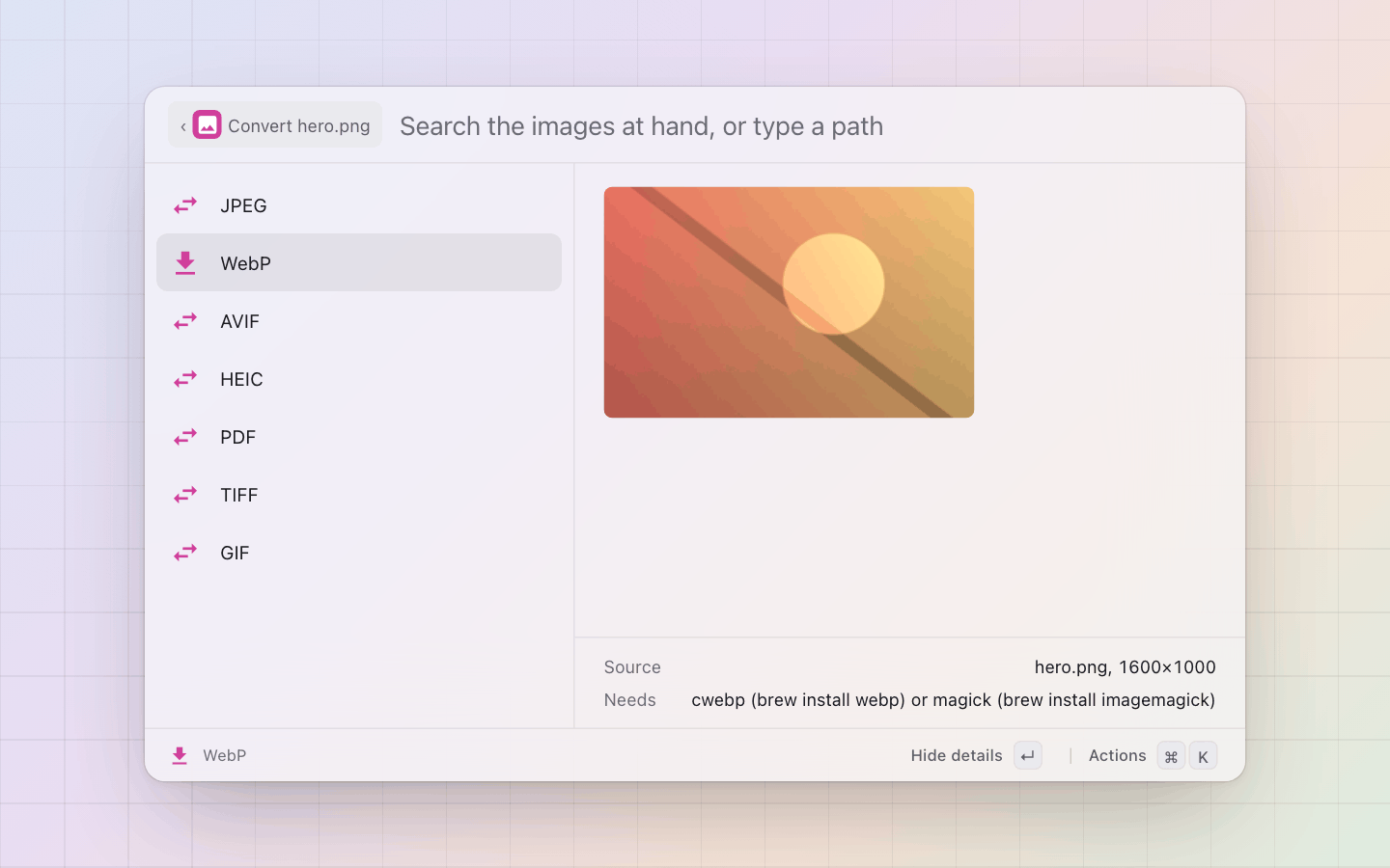 Images: Convert: the formats, each row naming the tool that writes it, a missing tool named