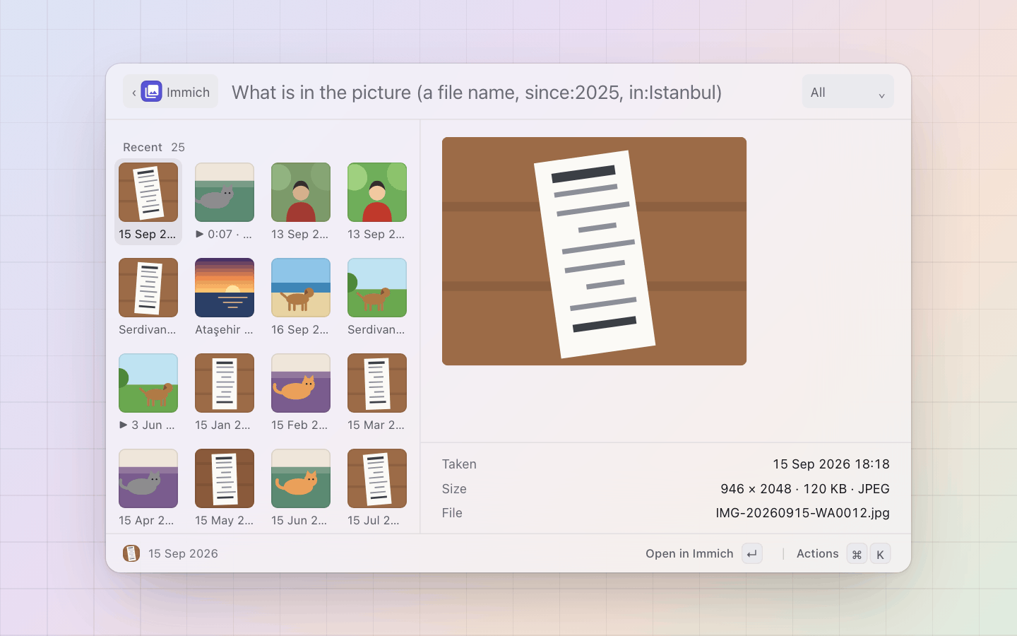 Immich: Nothing typed: the newest uploads, the pane open on the first