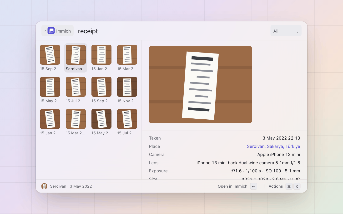 Immich: A CLIP search: what is in the picture, the place and date on every tile