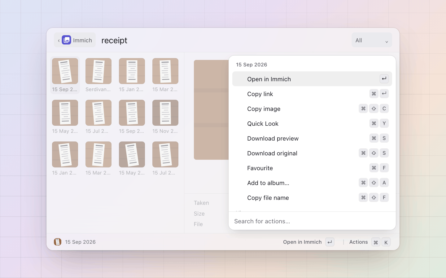 Immich: What a photo can do: open, copy, download, favourite, add to an album, Quick Look