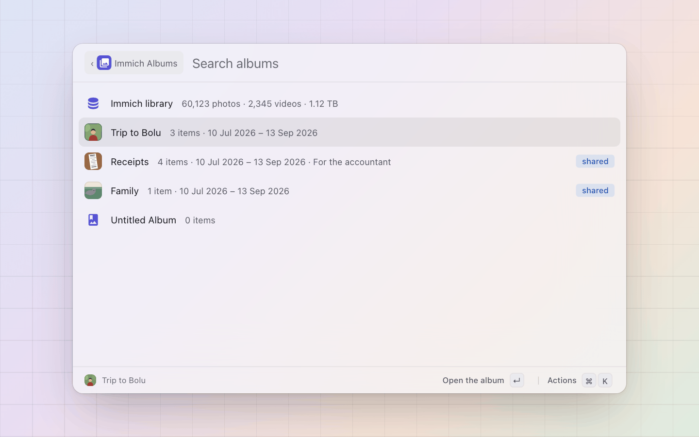 Immich: Albums: the cover, the count, the dates, the library's numbers on top