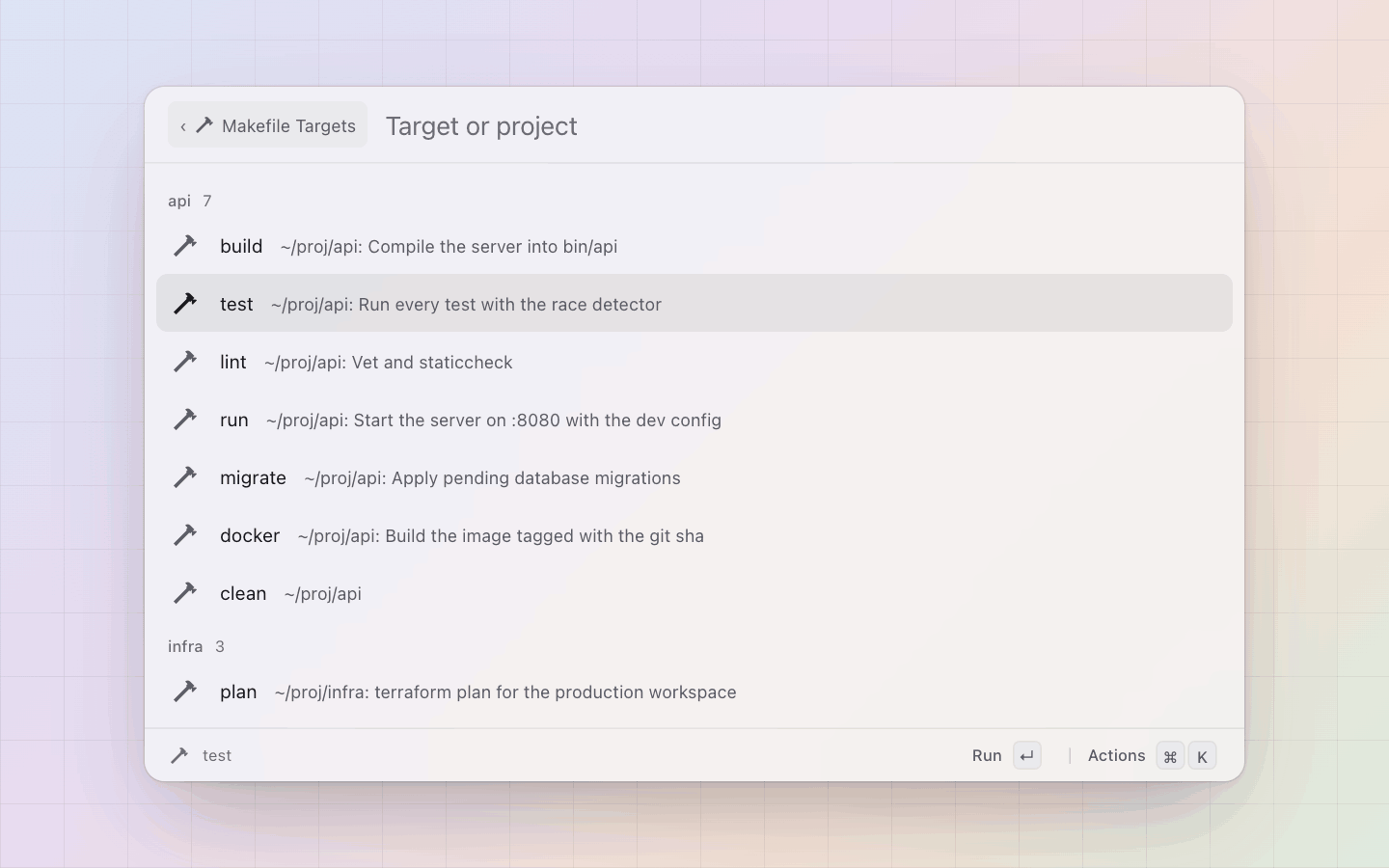 Makefile targets: Targets sectioned by project, the description after the folder