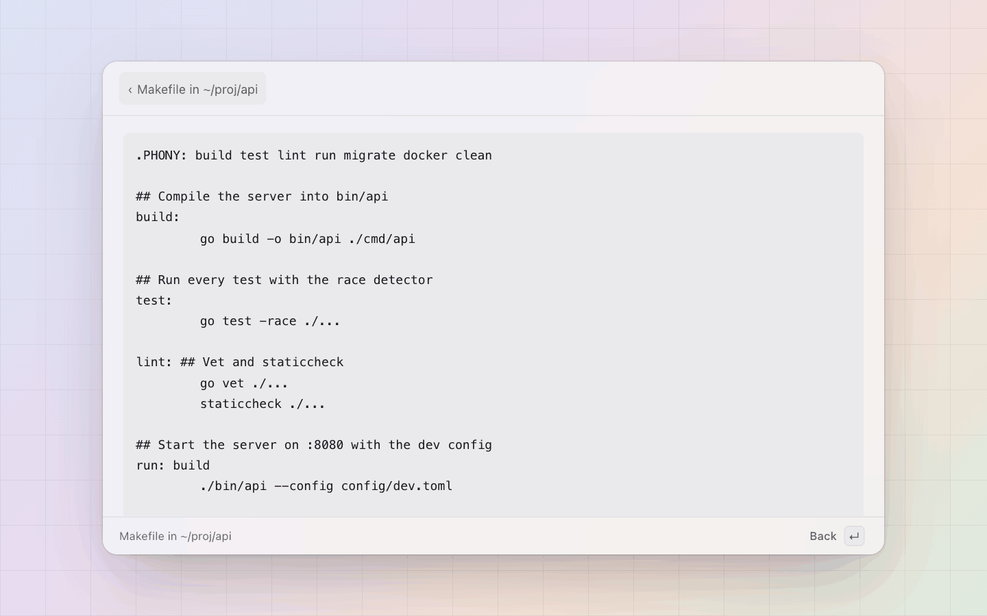 Makefile targets: Show Makefile: the whole file in the panel