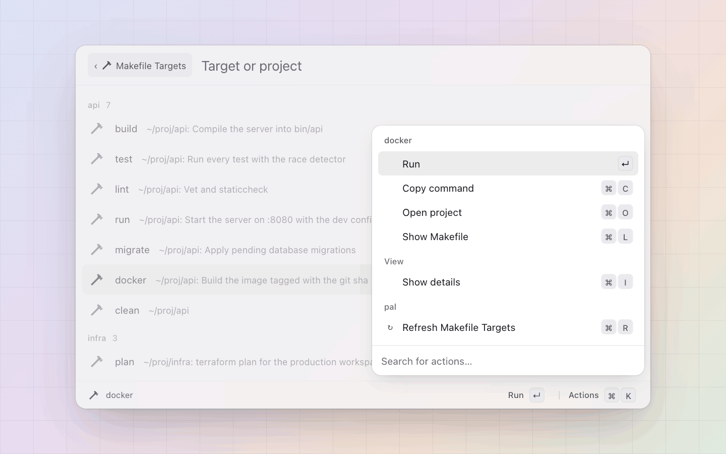 Makefile targets: Run, copy the command, open the project, show the Makefile