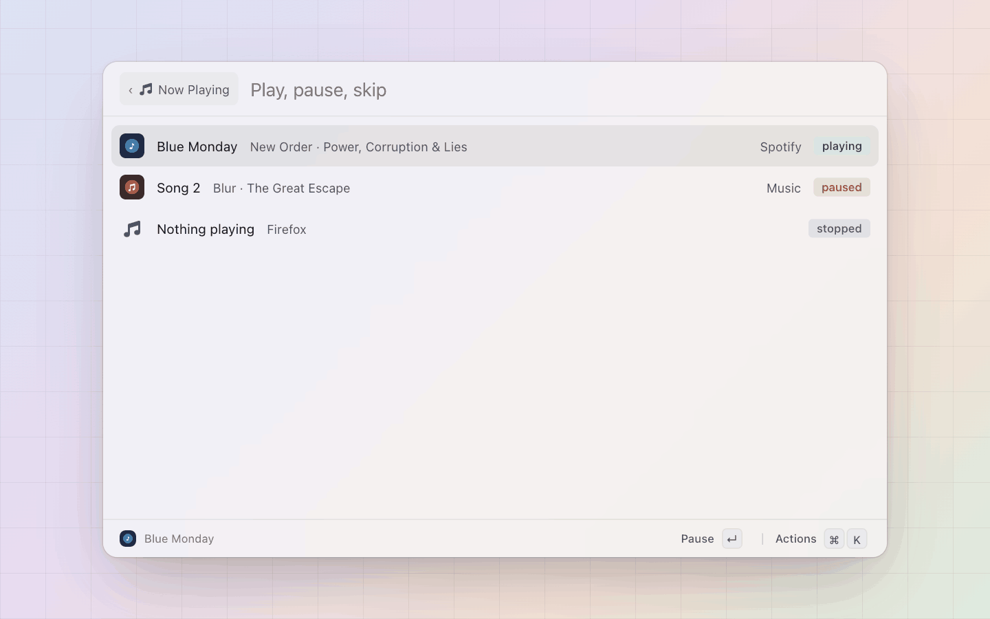 Now Playing: One row per player: Spotify playing, Music paused, a browser with nothing loaded