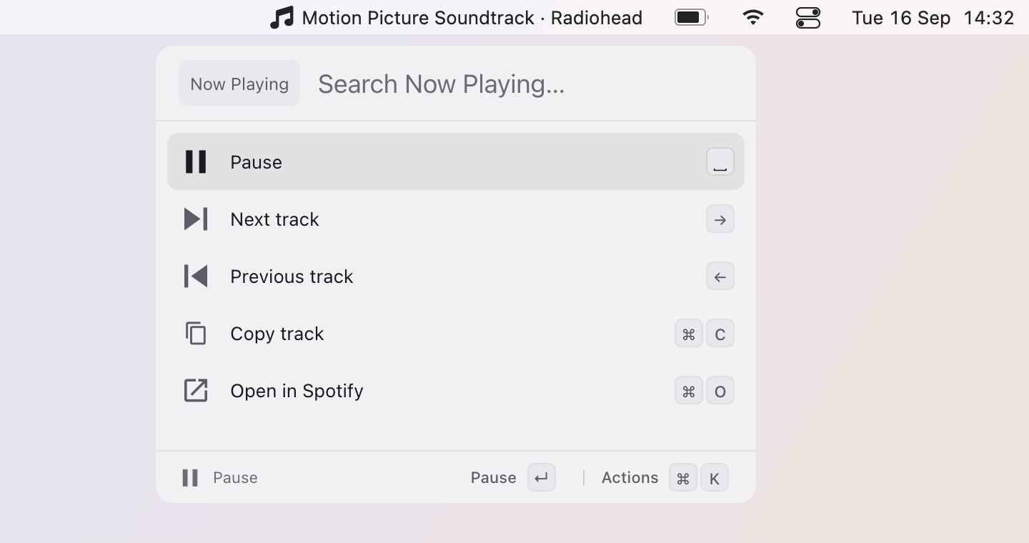 Now Playing: A click opens the transport: pause, skip, copy the track, open it in Spotify