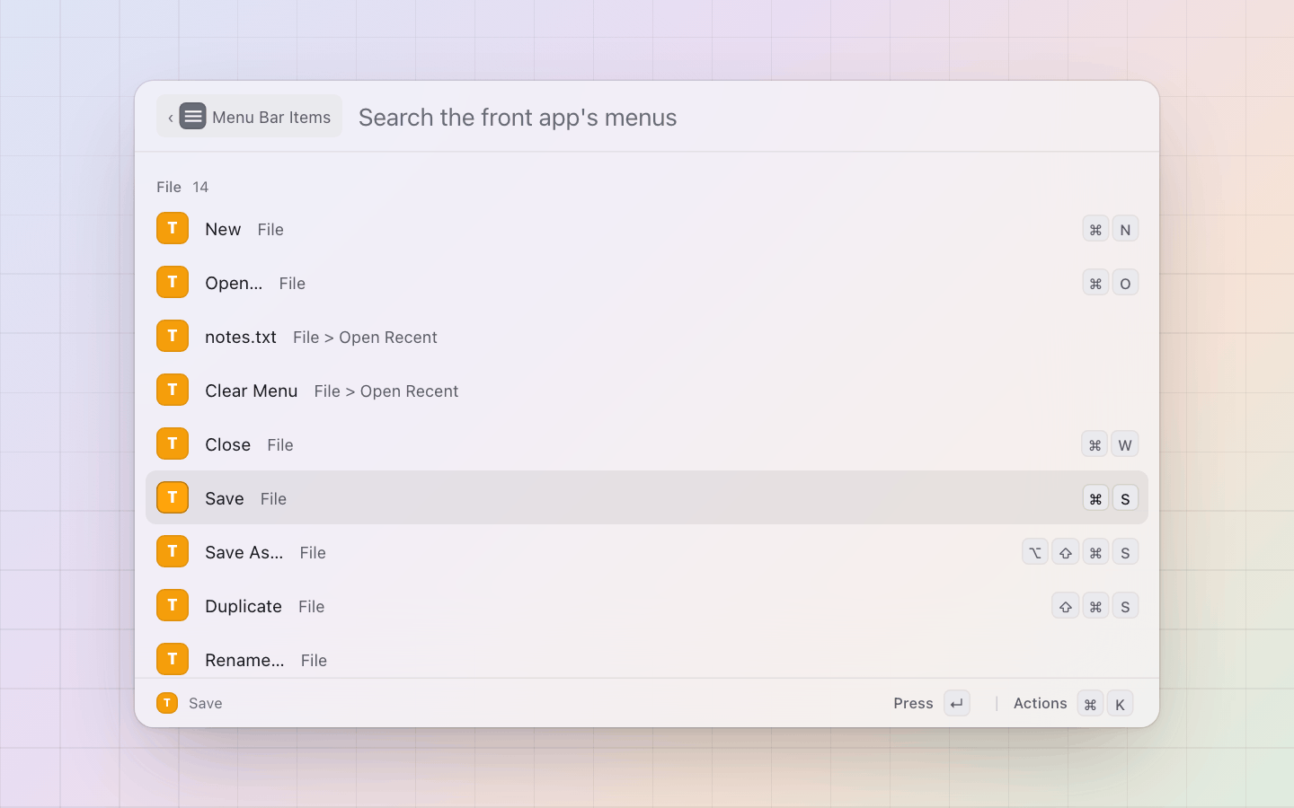 Menu Bar Items: The front app's menus in one list (TextEdit here): a section per menu, the path as the subtitle, shortcuts as key caps