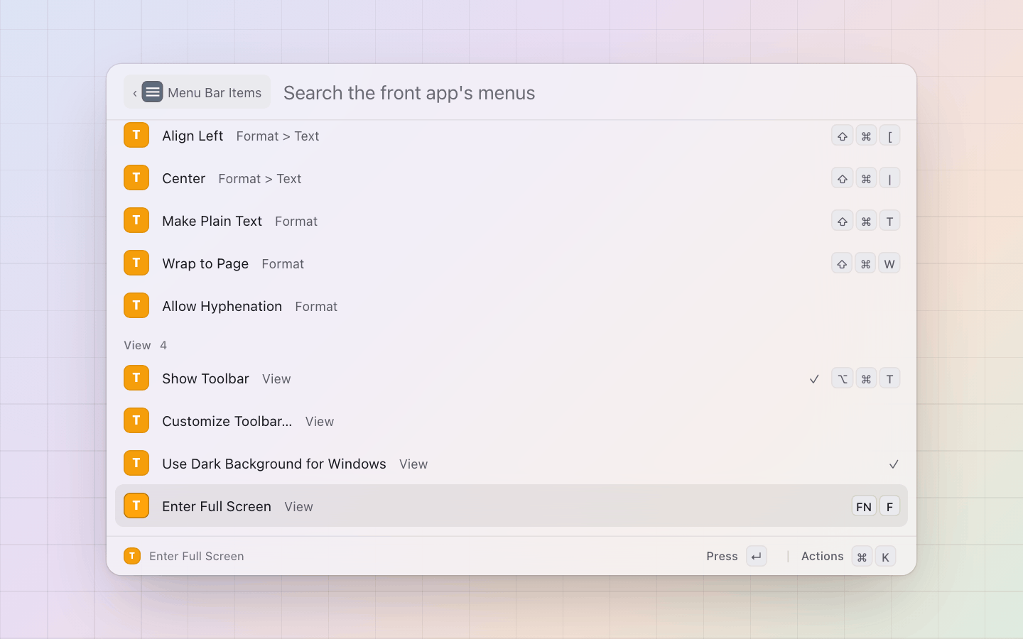 Menu Bar Items: A checked item carries its mark, and Enter Full Screen shows its Globe (fn) key