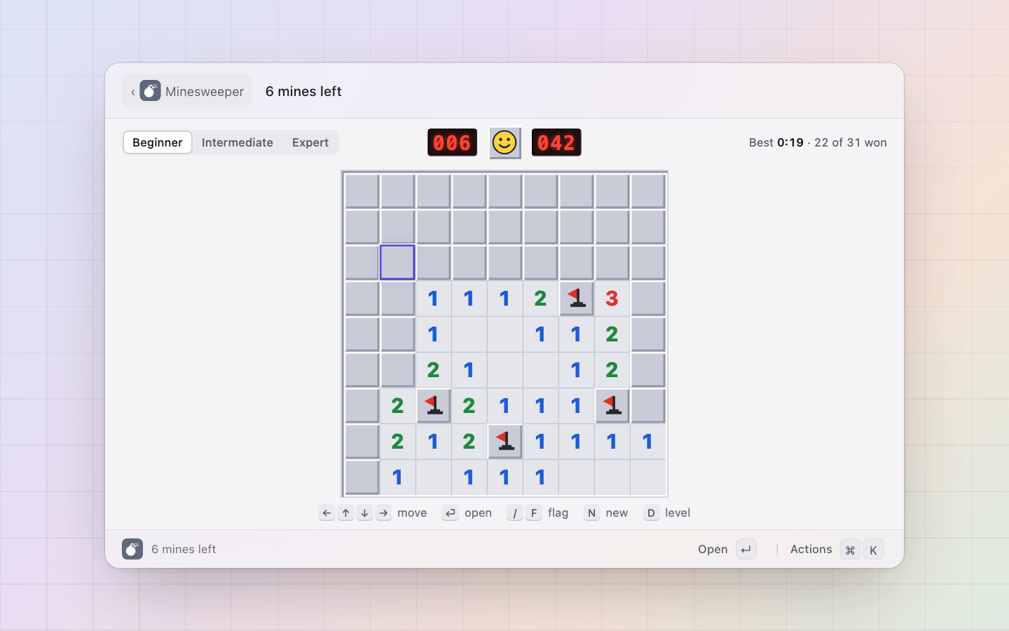 Minesweeper: Mid-game on beginner: the mine counter, the face and the clock, the best time and the won count, the keys under the board